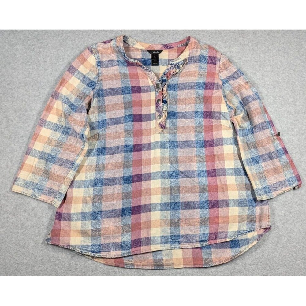 Ali‎ Miles Women Top 2X Grid Check Pastel Ruffle Gauze Curved Hem Art to Wear